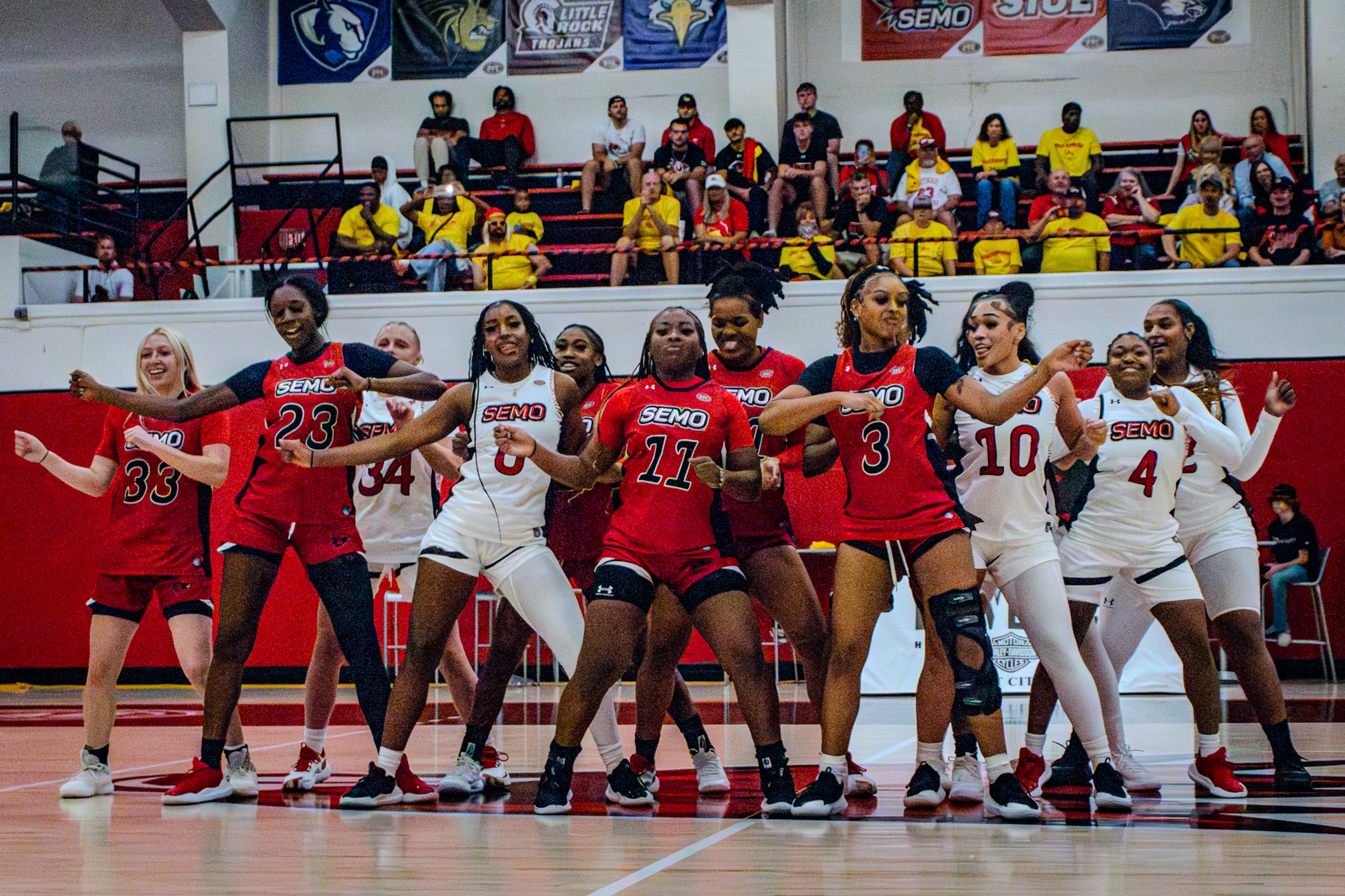 The SEMO women's basketball team dances during the "Houckomania"  rally. 