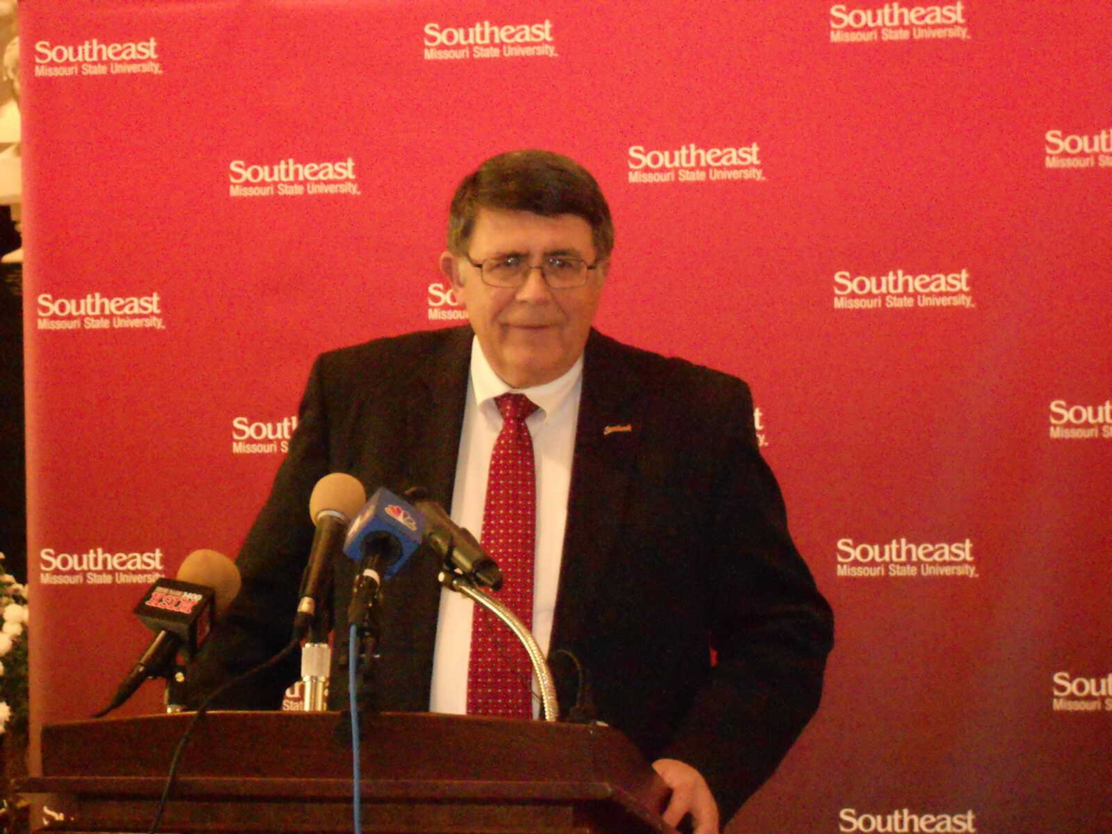 Southeast President Dr. Kenneth W. Dobbins speaks at press conference Thursday. - Photo by Travis Wibbenmeyer