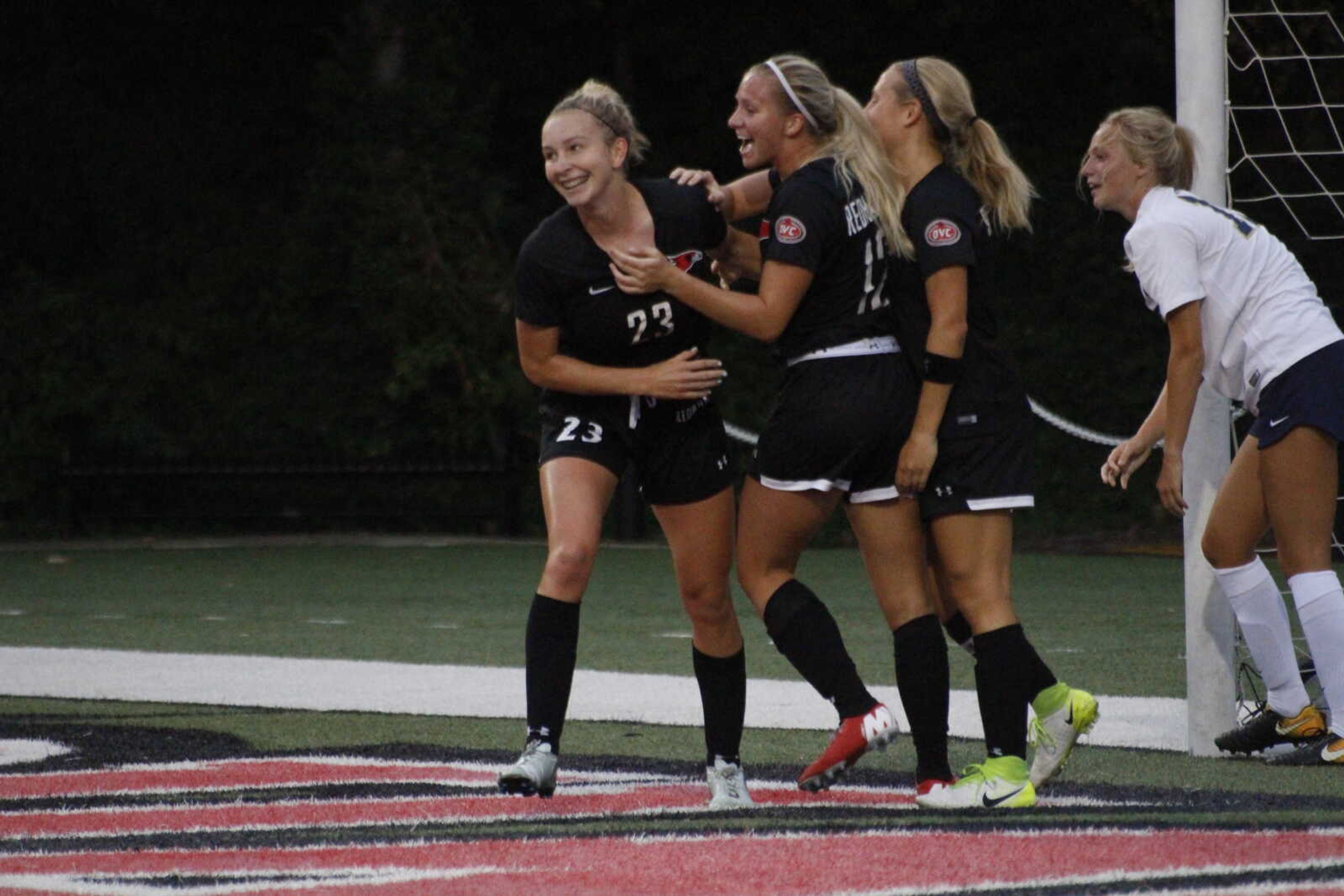 Jennifer Brien, number 23, celebrates with teammates after scoring the first goal of the match against UIS on Aug. 24
