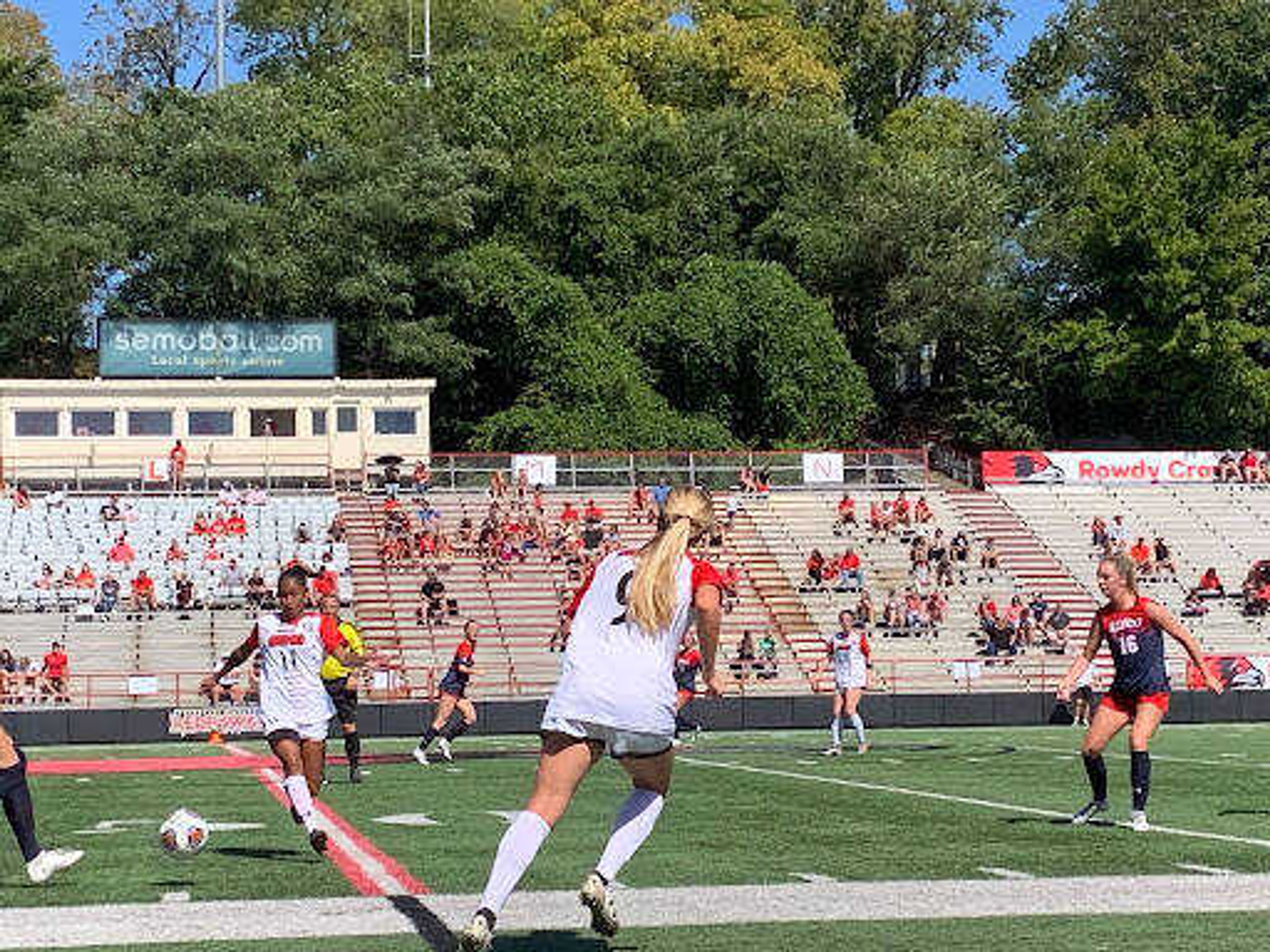 Redhawks sophomore forward/midfielder Kiana Khedoo (11) chases down the ball while senior midfielder Abby Tremain (9) awaits the pass during SEMO’s 1-0 loss to Belmont on Sept. 26 at Houck Stadium in Cape Girardeau.