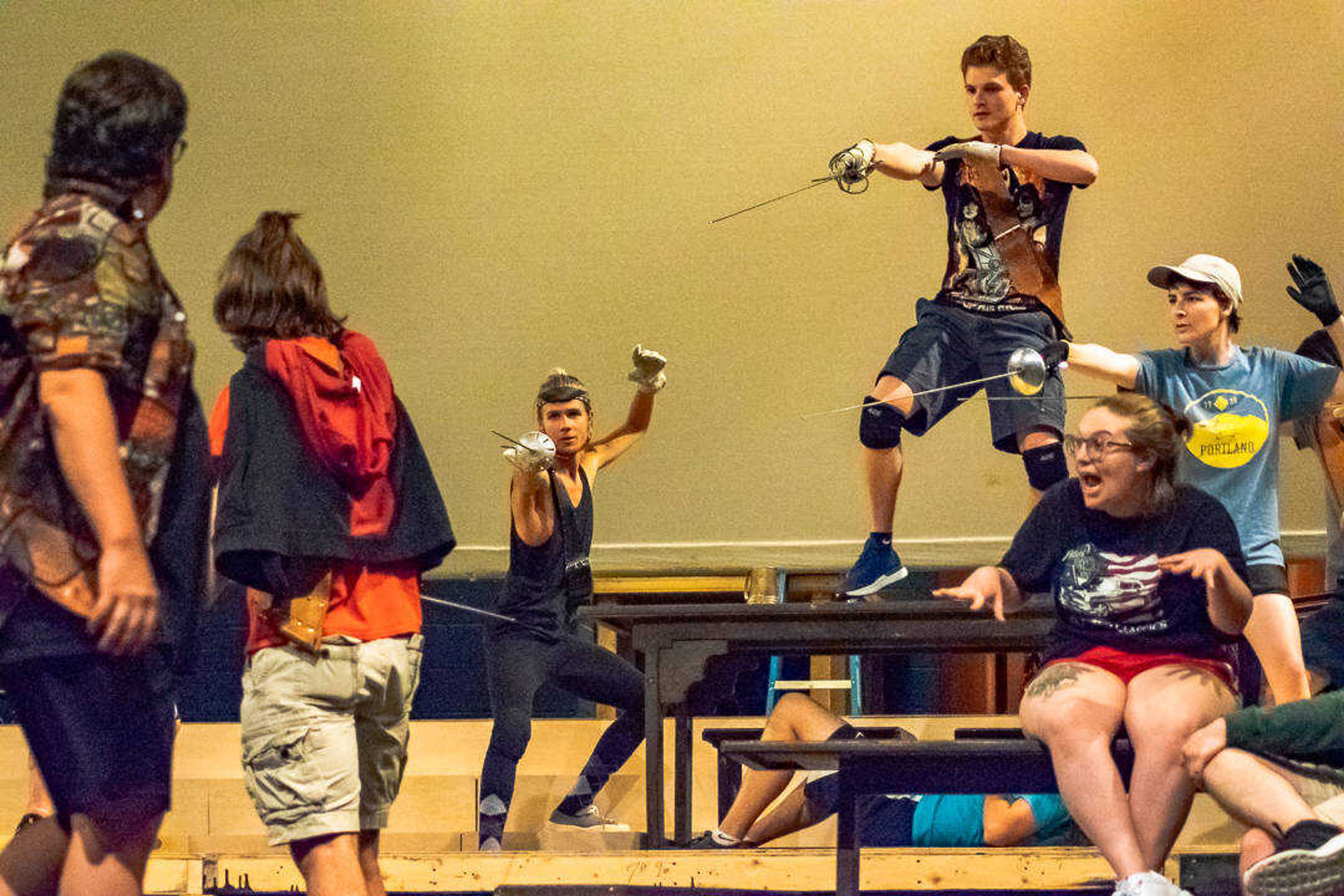 Cast members of Southeast's production of "The Three Musketeers" rehearse one of the many stage fighting scenes during a Sept. 5 dress rehearsal.