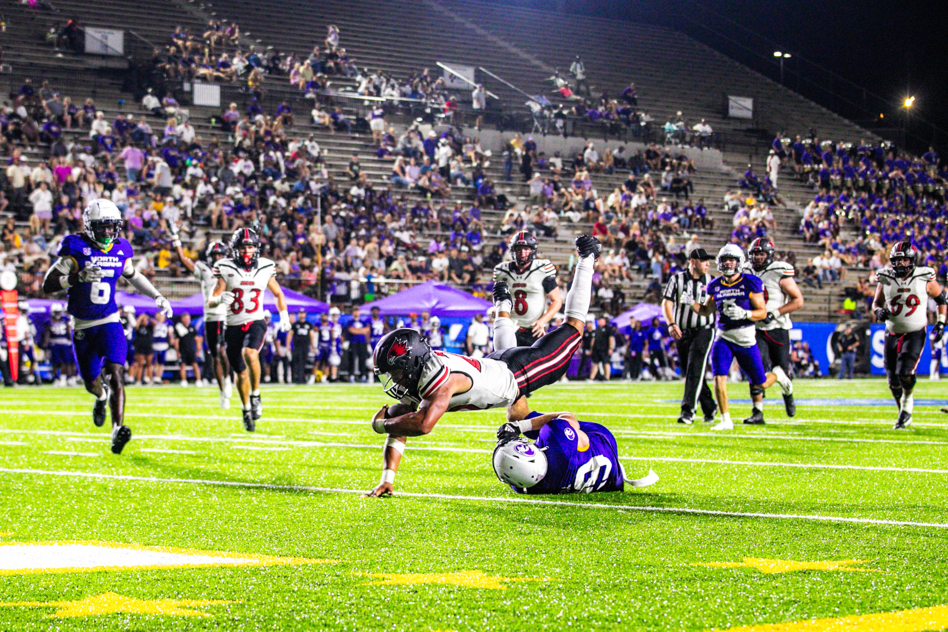 Freshman running back Payton Brown dives head first into the end zone for a touchdown.