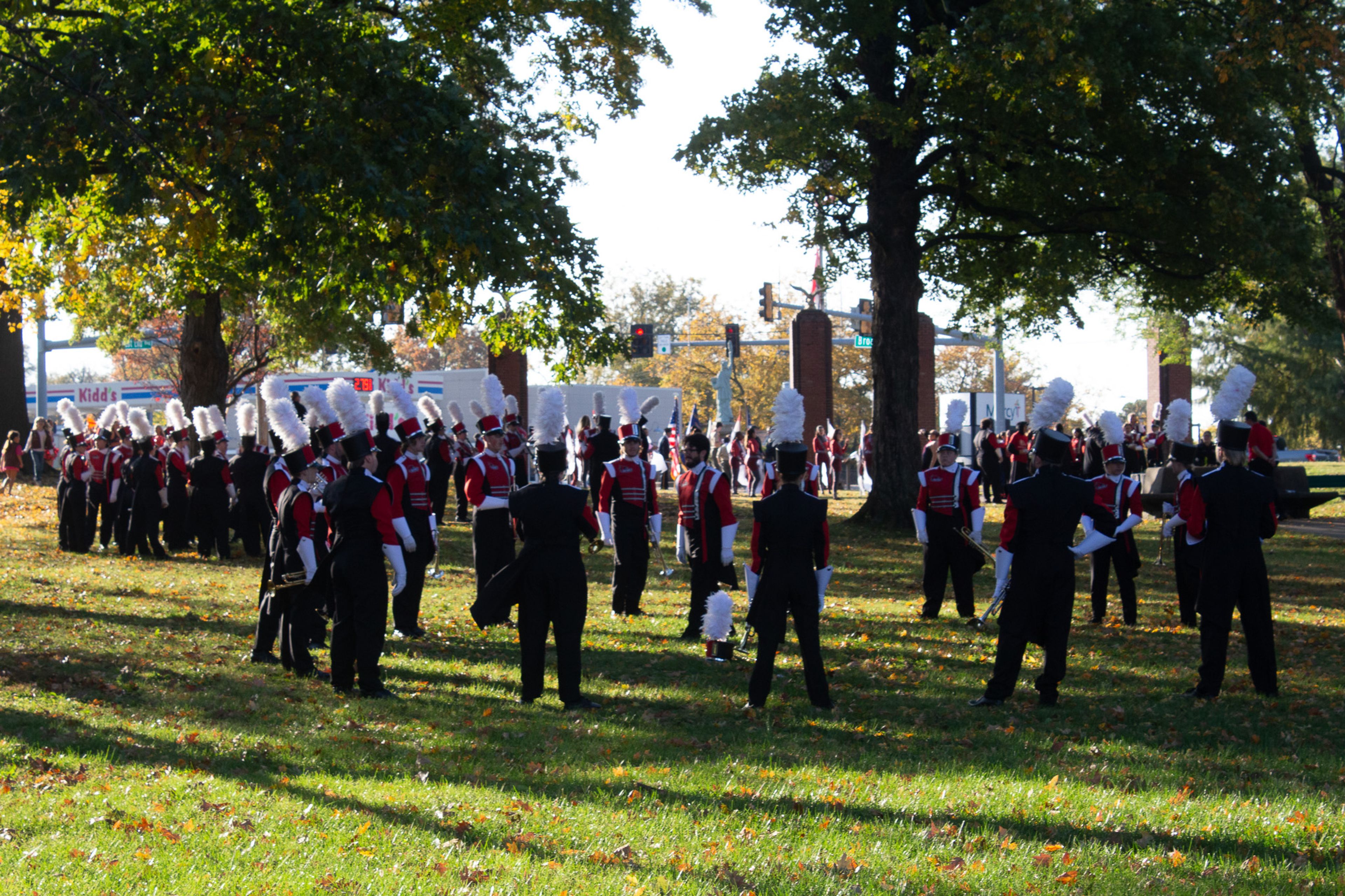 The SEMO Marching Band rehearse for the Homecoming Parade at Capaha Park.