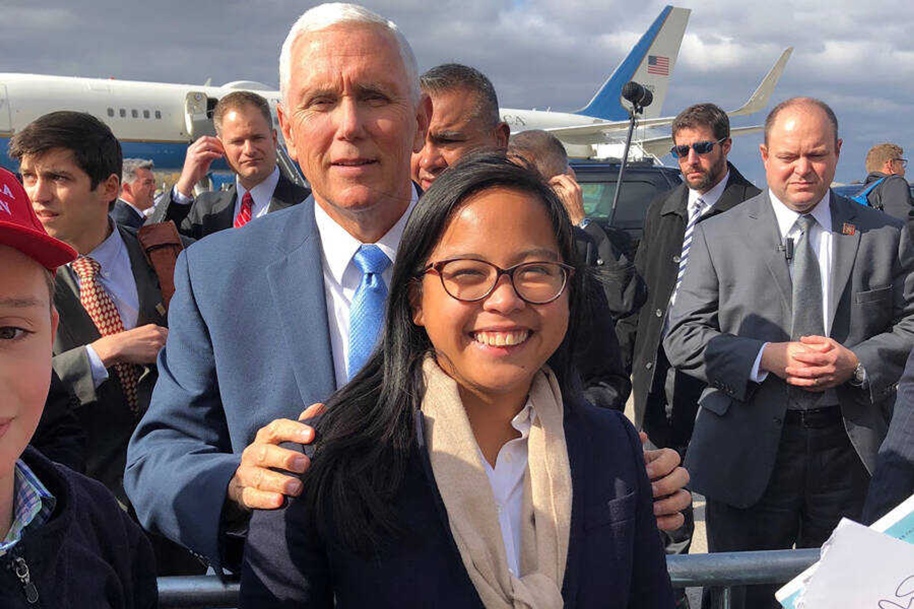 Jacqueline Neil with Vice President Mike Pence in 2018 in front of Air Force 2. She was part of his advance team for his visit to Kansas City.