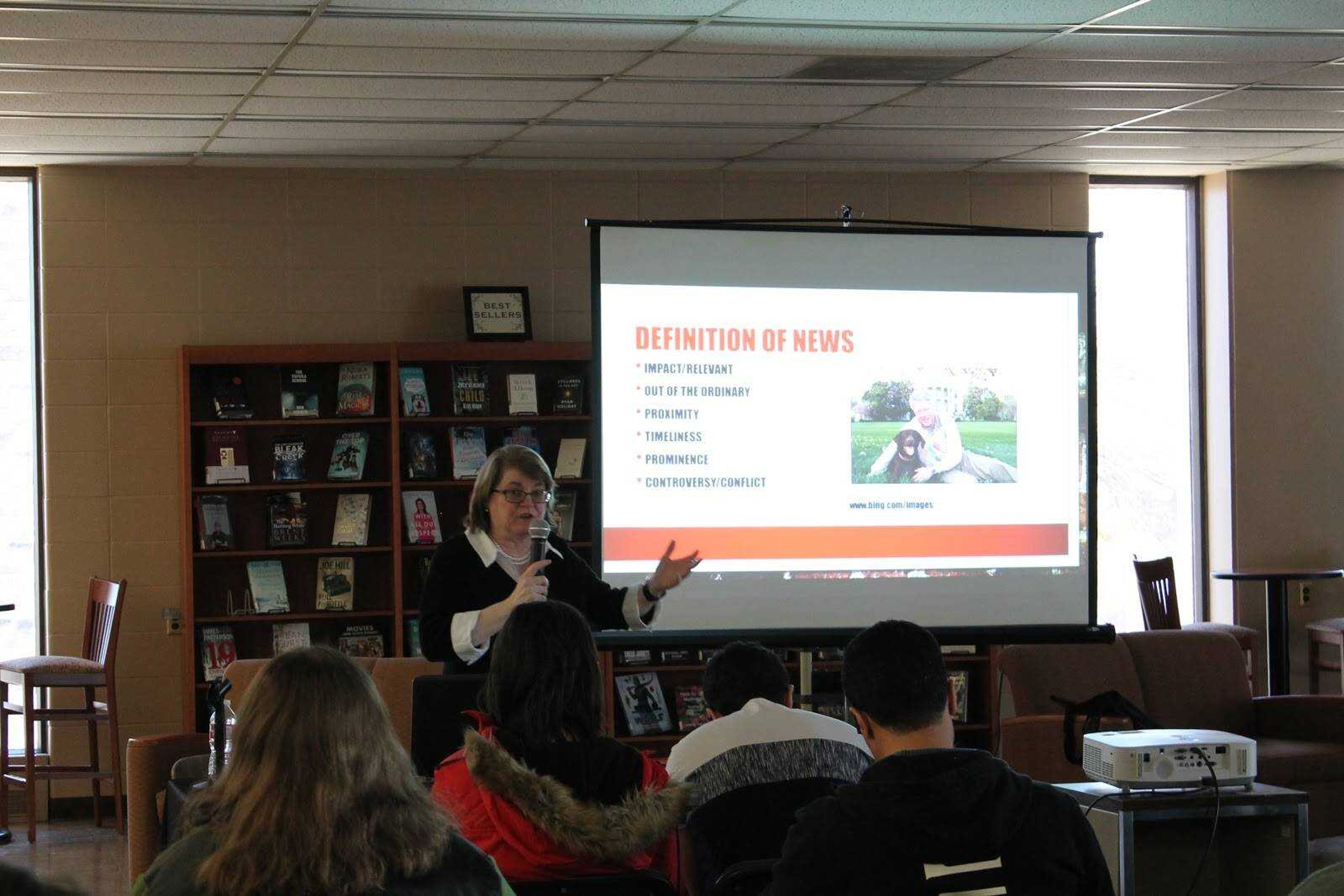 Pam Parry, chair of the Department of Mass Media, delivers a lecture on fake news at Kent Library on Wednesday, Feb. 19.