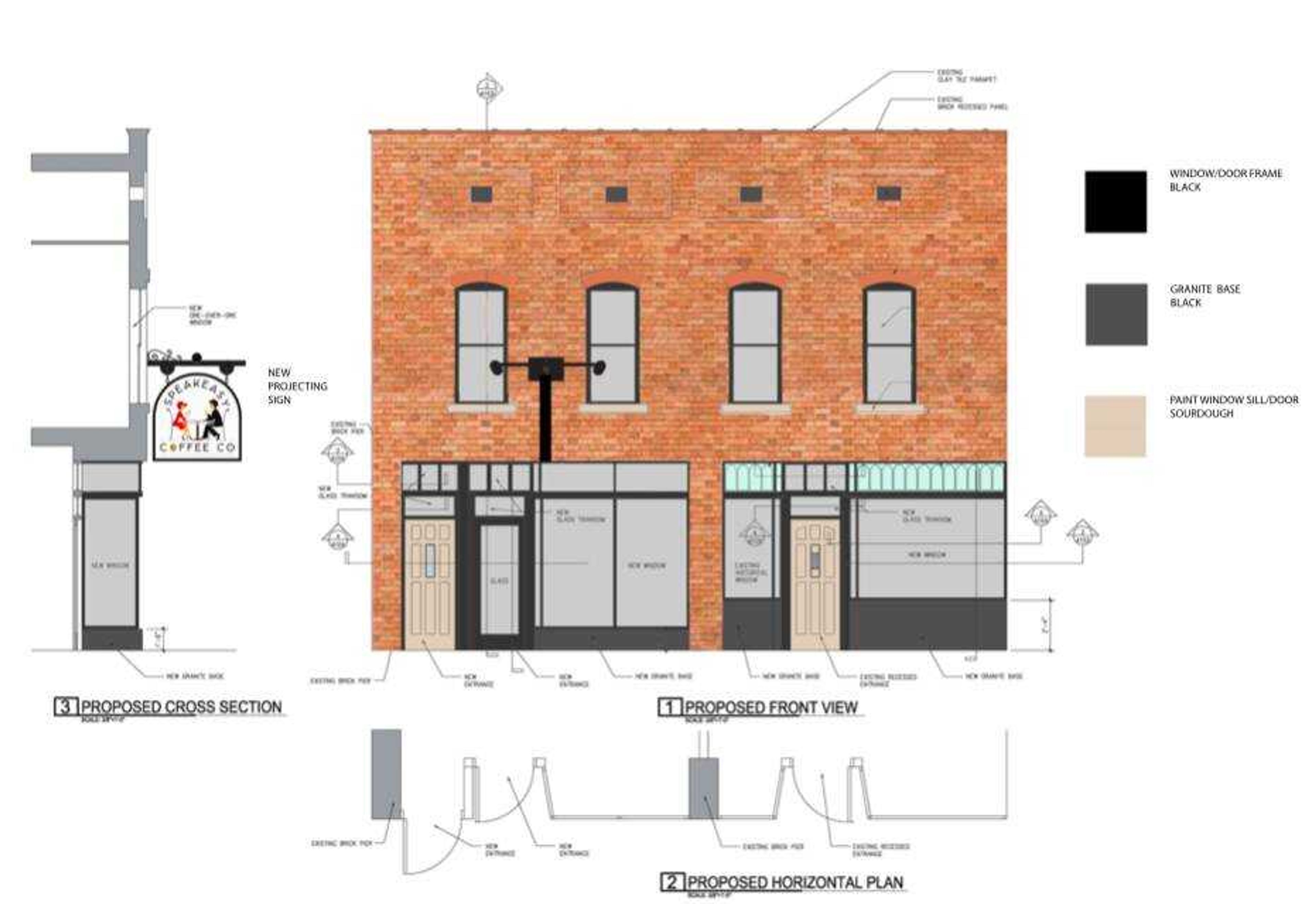 Pending approval from the City of Cape, plans for the Speakeasy Coffee Company storefront are pictured in this rendering by David Douglas Williamson, AIA Architect. 