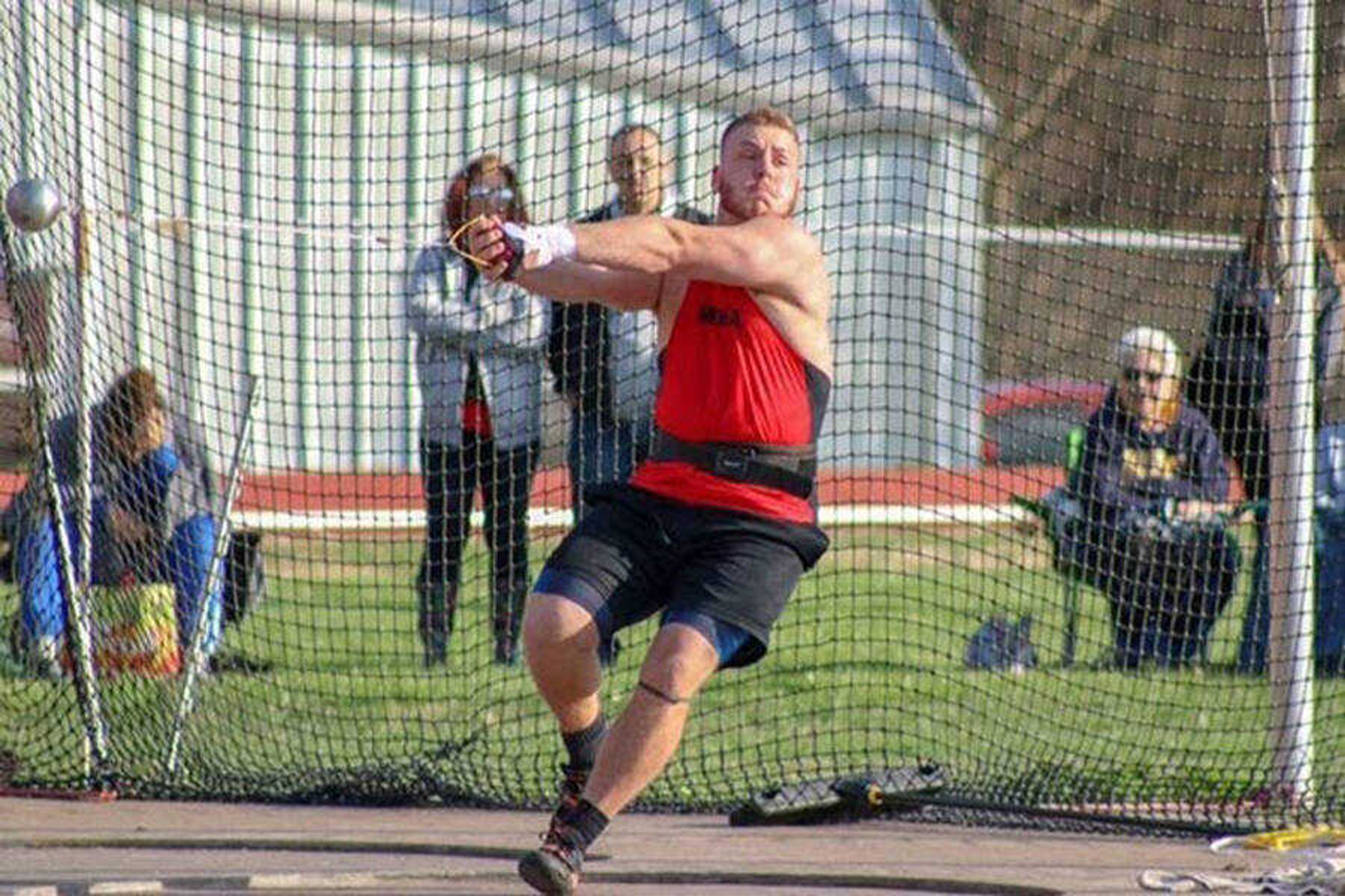 Logan Blomquist throws during a meet. Blomquist is currently training for the 2021 Olympic Trials.