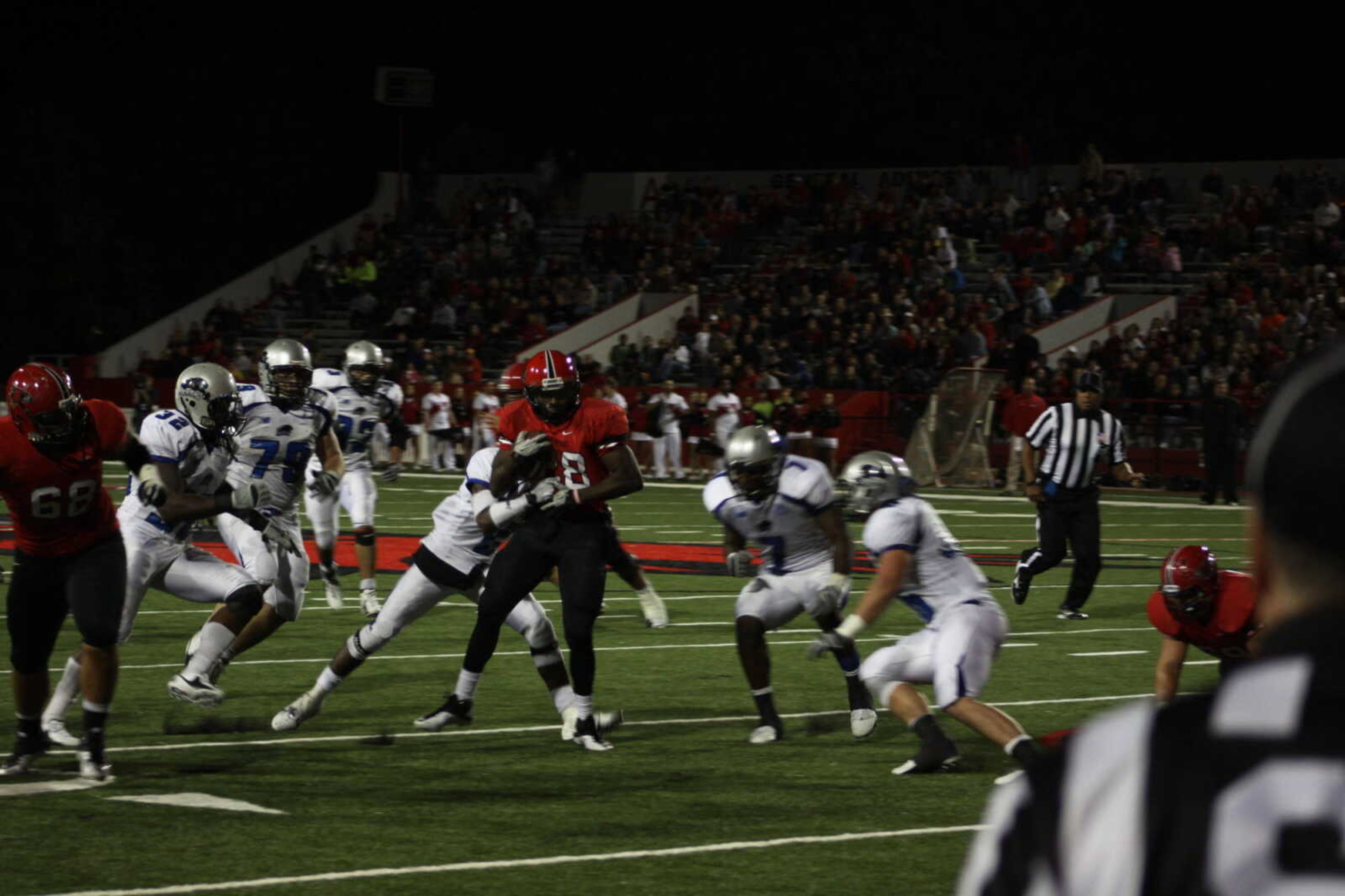 The Southeast football team will play its 21st homecoming game at the FCS level at 1 p.m. this Saturday at Houck Stadium. The Redhawks will face the Austin Peay Governors in their fifth Ohio Valley Conference game of the season. Running back Renard Celestin (above) is projected to start.   - Photo by Kelso Hope