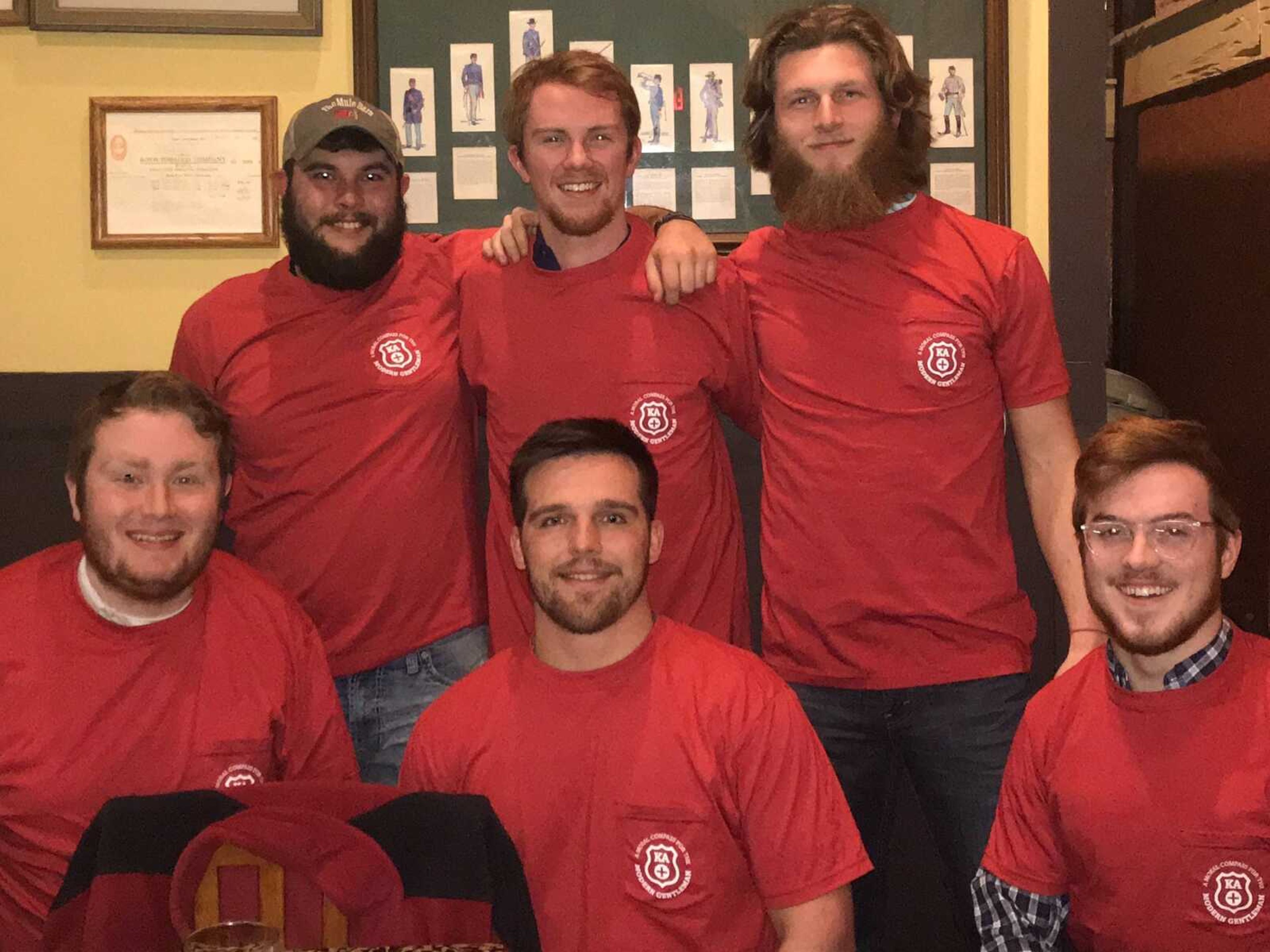 Kappa Alpha Order's first six men that have received official invitations to be members. Top from left to right: Junior Matt Butler, Freshman Clayton Hubert and Junior Ty Crowden 
Bottom from left to right: Freshman Conner Edmister, Junior Clay Collier and Freshman John Paul Hutchinson
