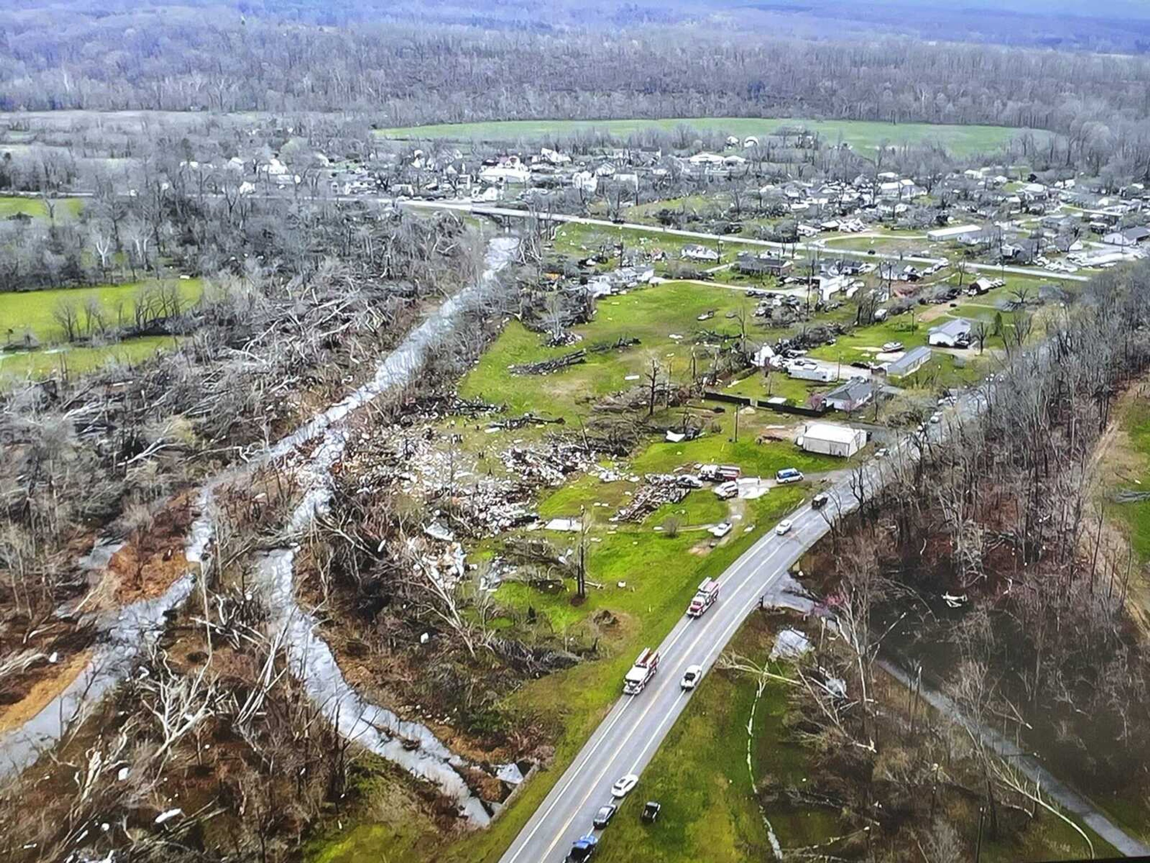 An overview shot of the effects of the tornado taken west of Marble Hill, Missouri on April 5. Photo from Missouri State Highway Patrol.
