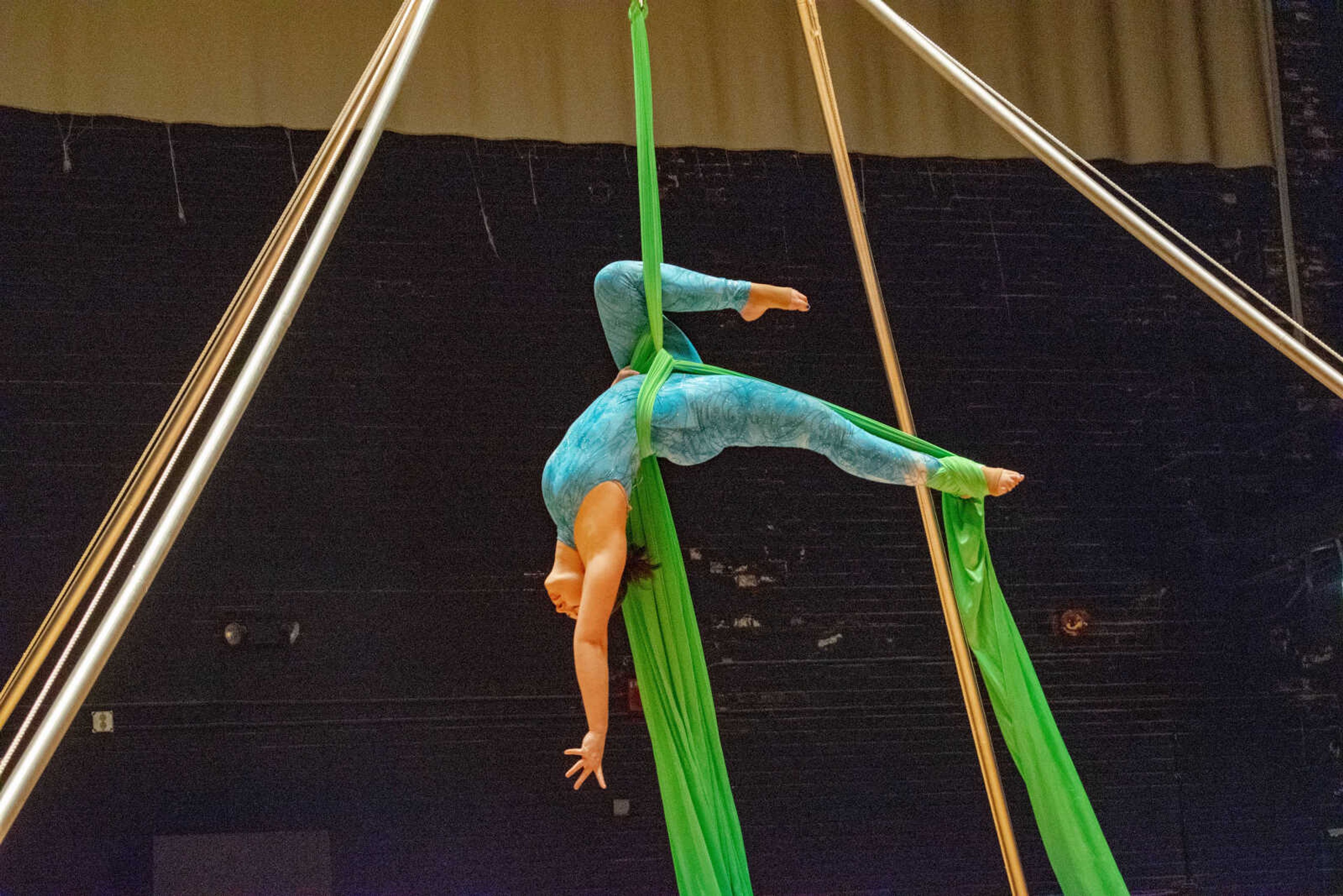 Alex Major, Aerial Artist, holding the Gazelle pose during her performance at the Homecoming Talent Show, Oct. 22, 2019, Cape Girardeau.