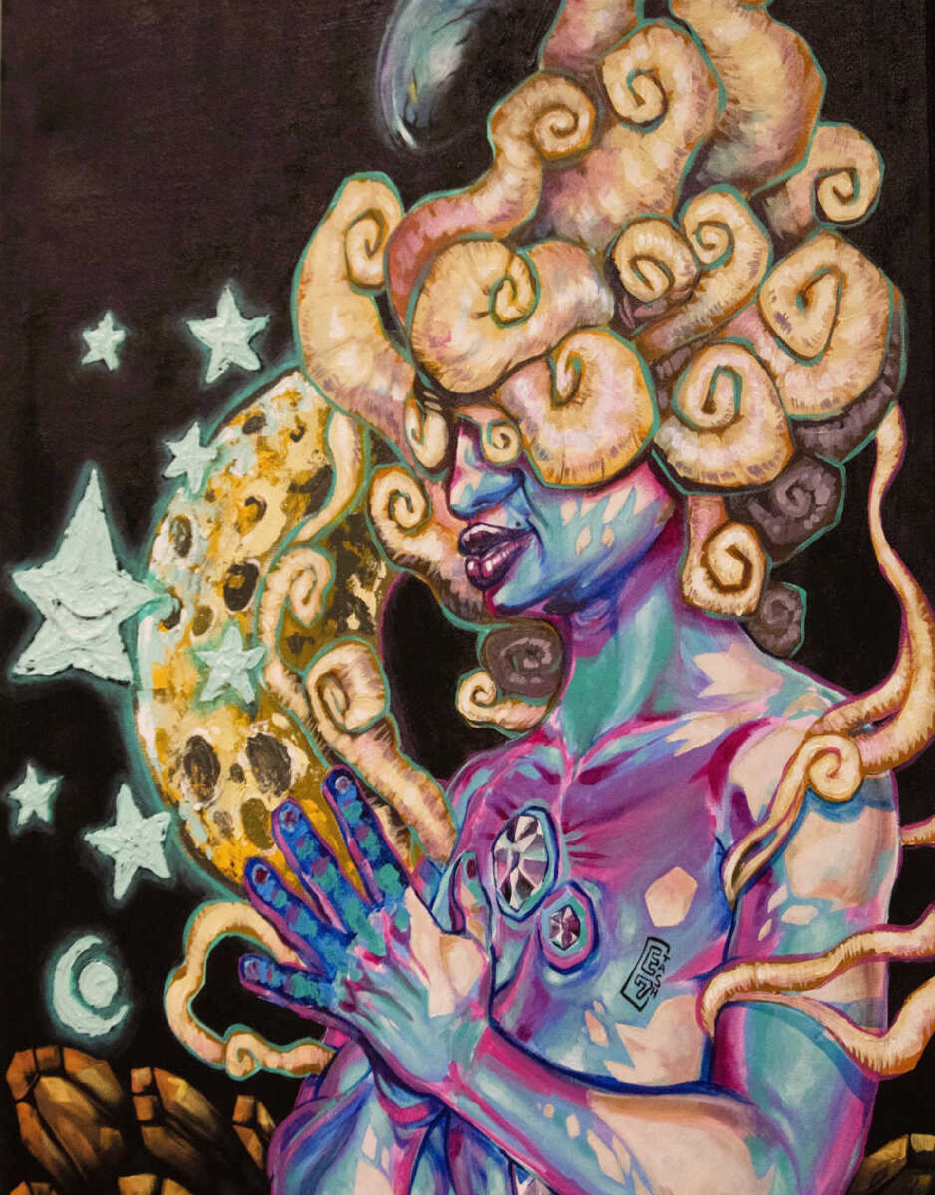 A digital canvas painting titled “Praying with the moon” is featured in Tyler Harris’s Artist Rising gallery. Harris said he painted a woman with melanoma patches to create neat patterns that relate to the moon. He said the moon comes out when the sun isn’t shining, allowing the melanoma patches to provide a representation of the lack of sunlight. 
