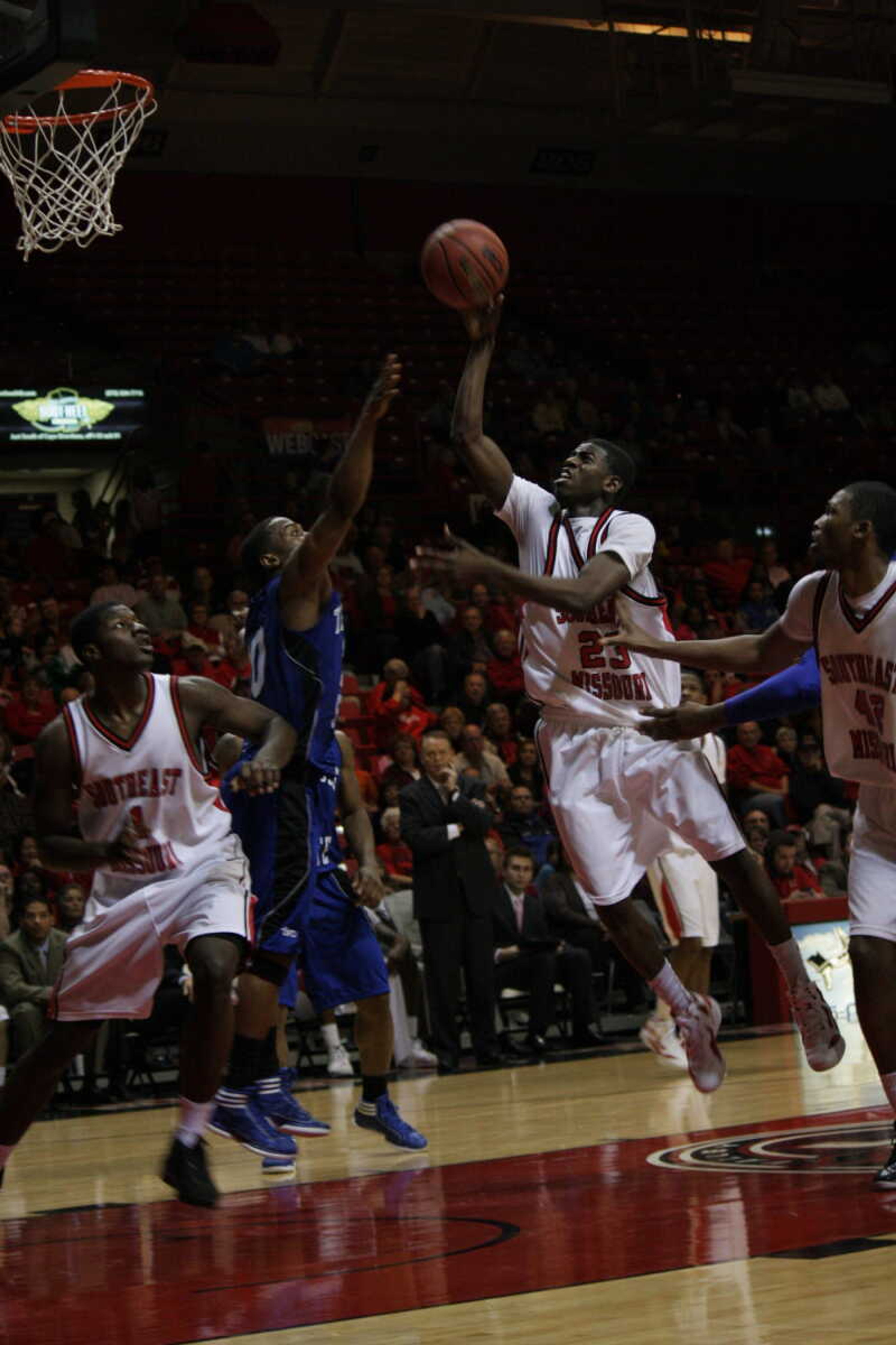 Marland Smith shoots a floater against Tennessee State on Feb. 4 at the 
Show Me Center. - Photo by Nathan Hamilton