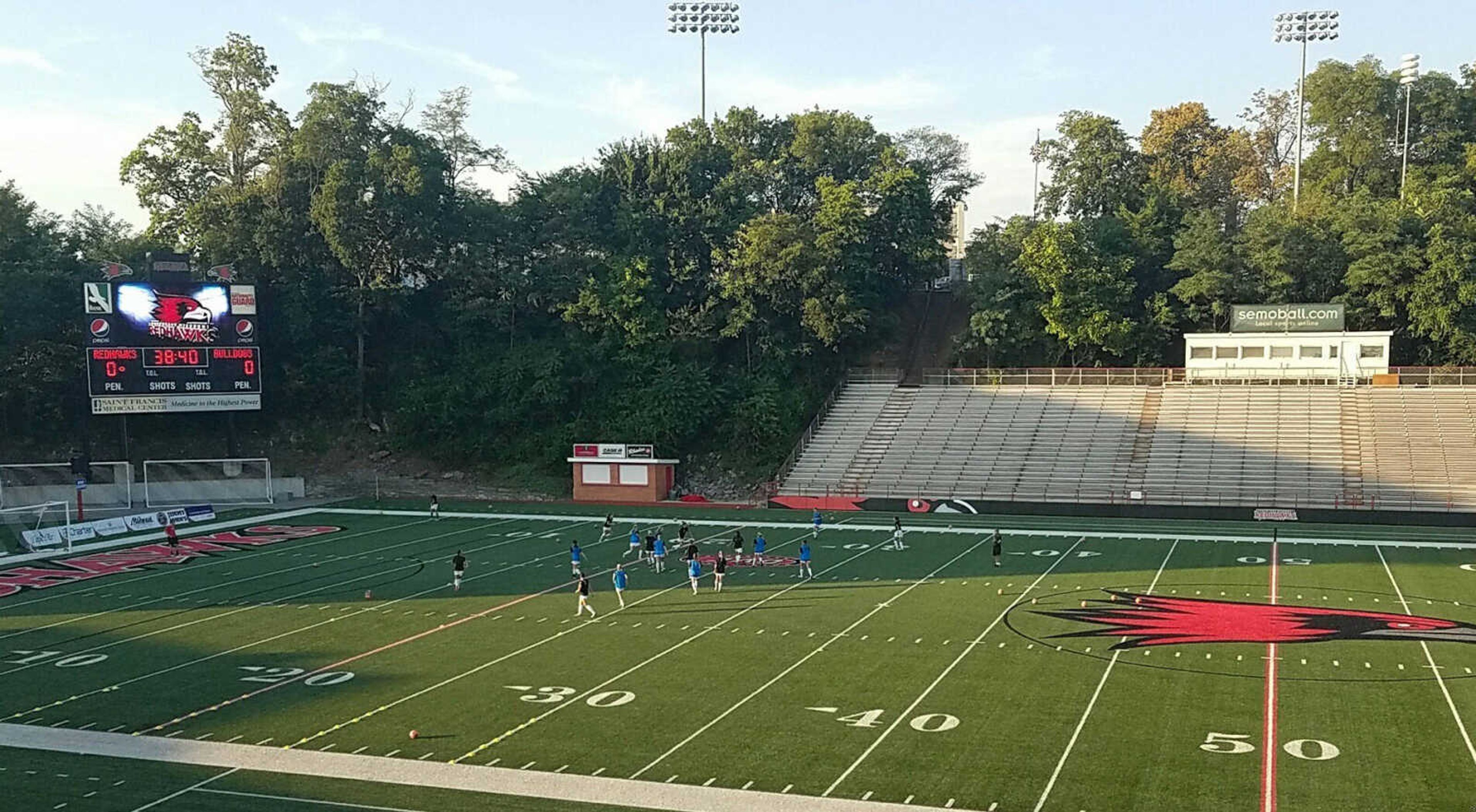 The Southeast Missouri State women's soccer team warms up before the game against Union on Sept. 7.
