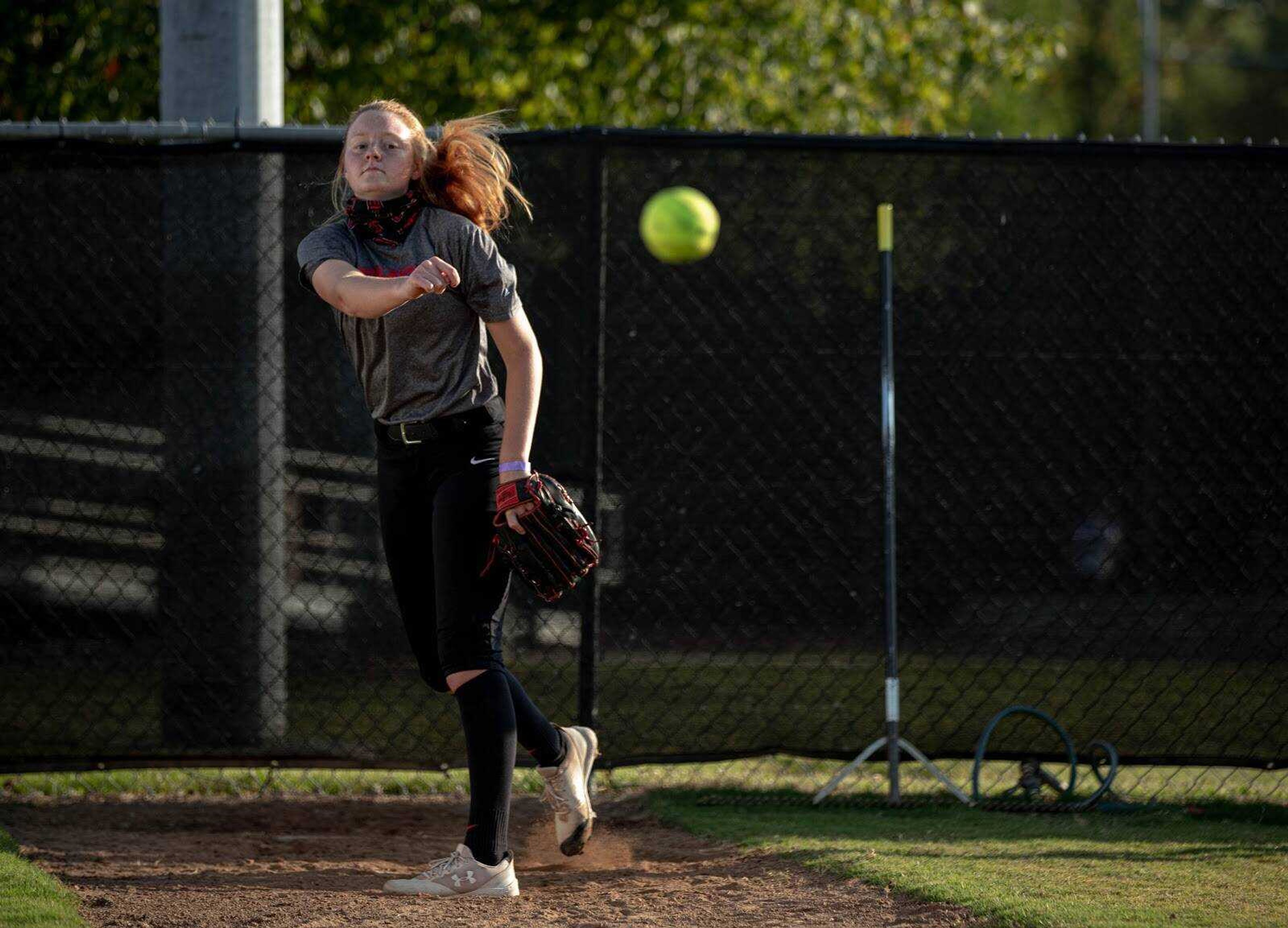 Junior pitcher Rachel Rook throws a bullpen at a practice in Cape Girardeau, Missouri.