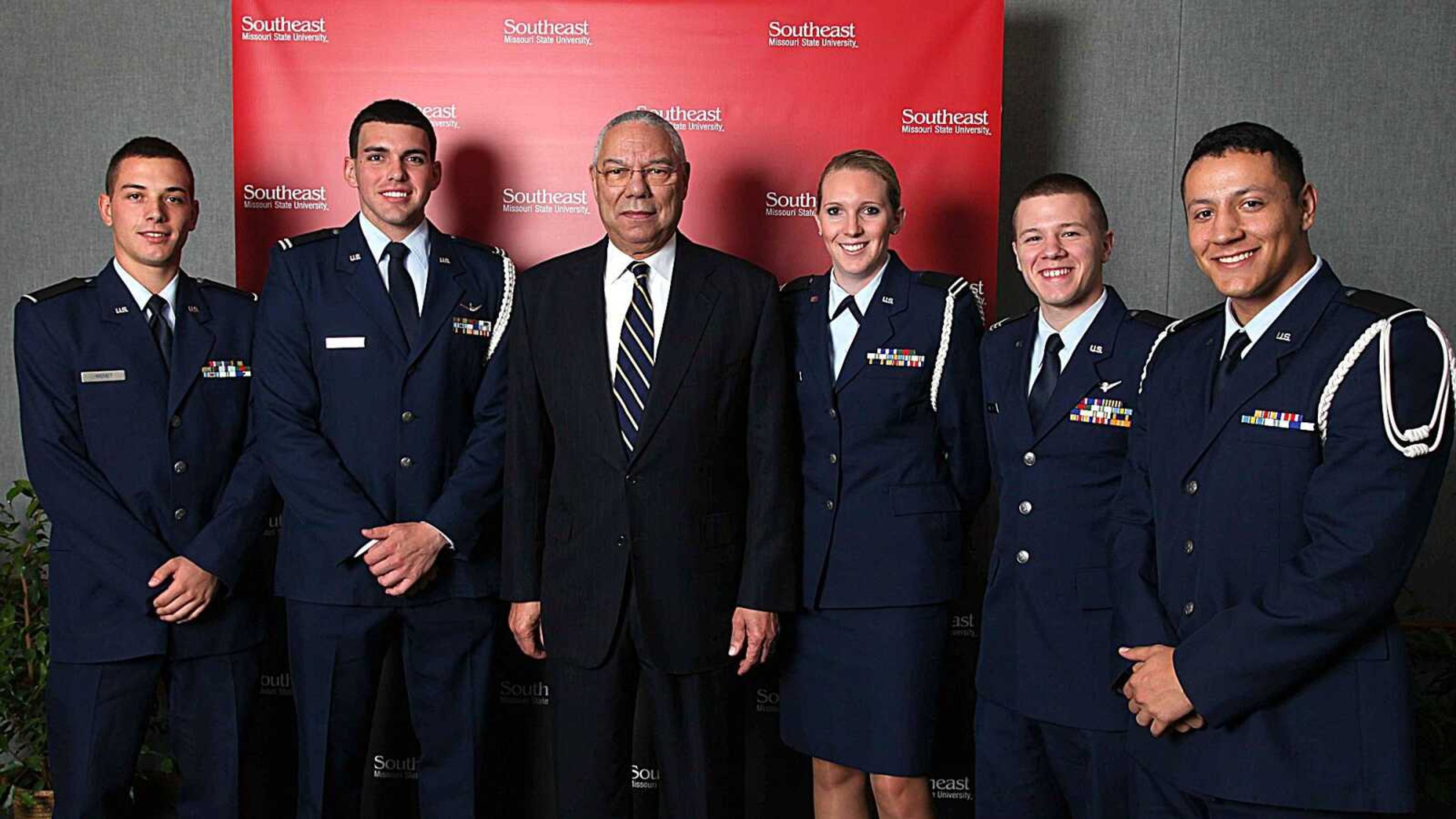 Gen. Colin Powell, middle, meets with members of Southeast's Air Force ROTC before his speech on Oct. 2. Submitted photo