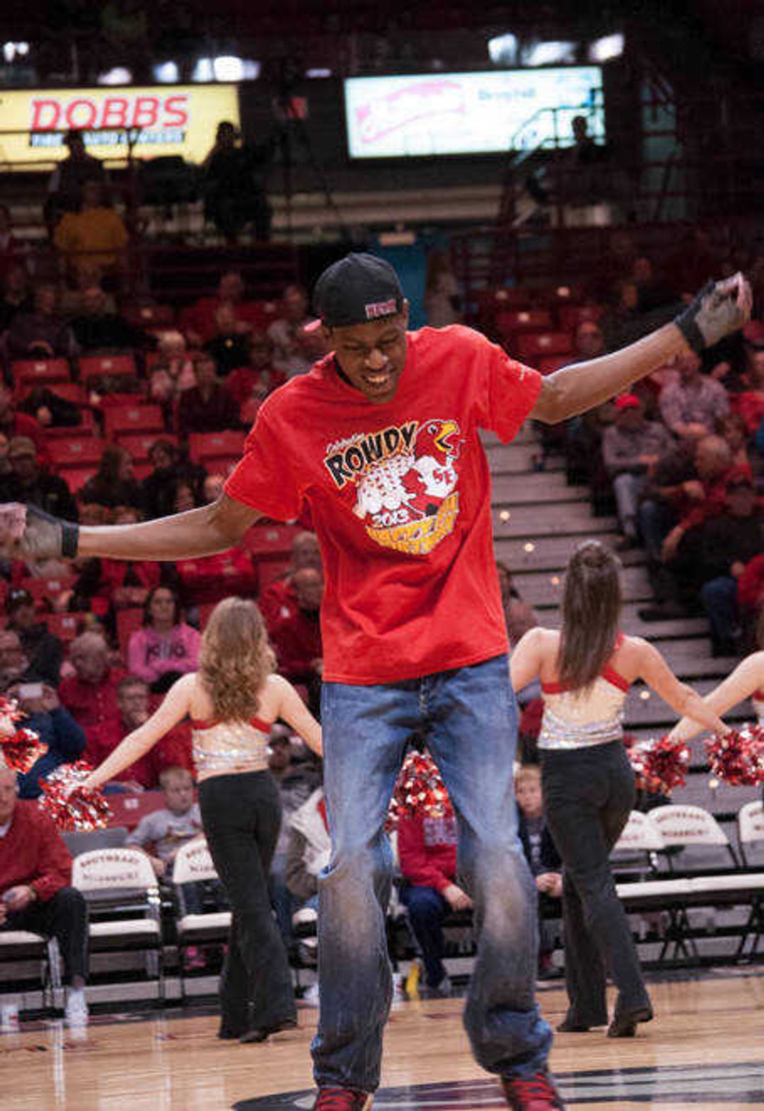 Derrick Liddell dances to "Jump Around" during a Southeast men's basketball game. He usually performs during the last media timeout, which is in the last three or four minutes of the game. Photo by Alyssa Brewer