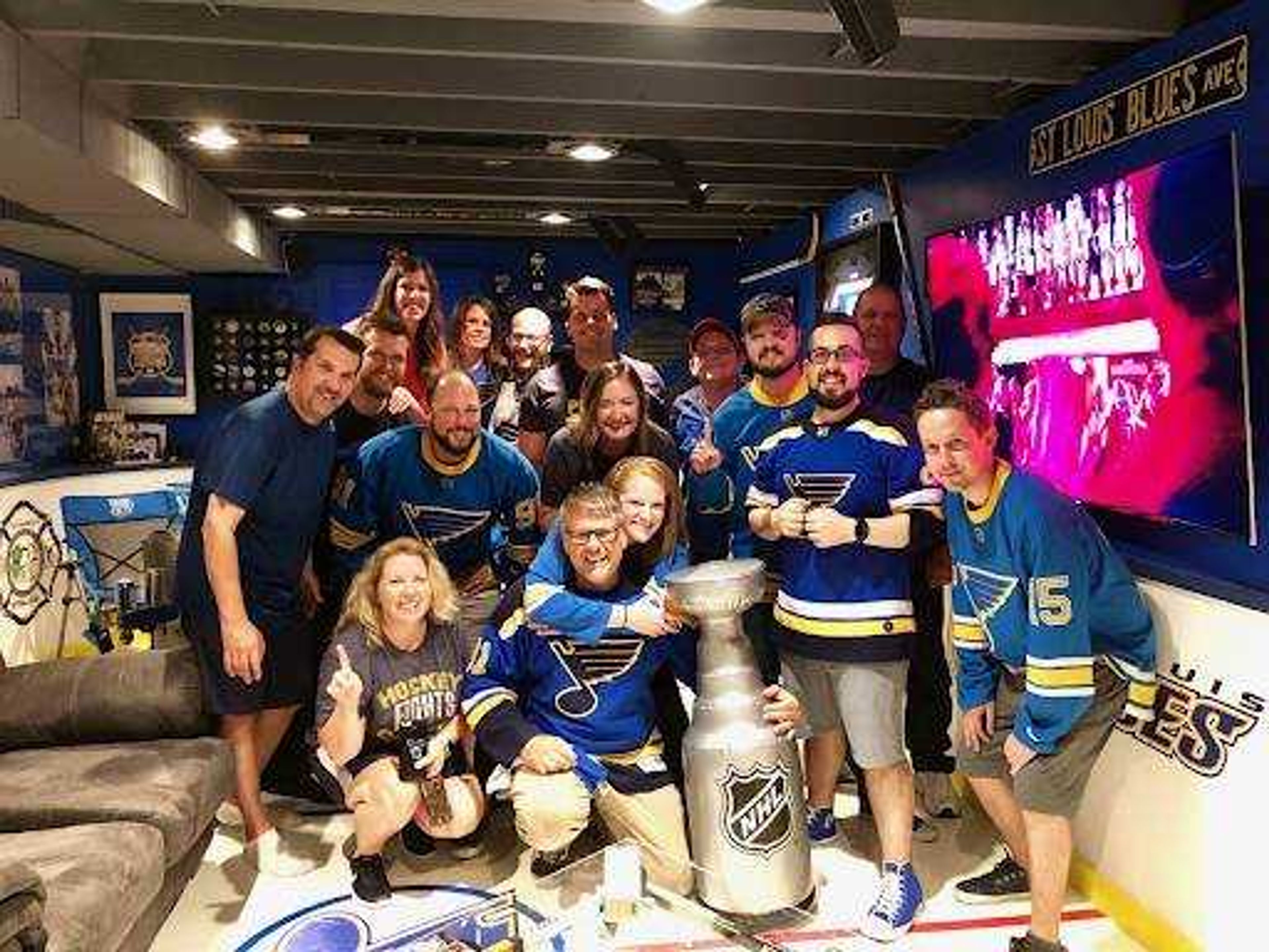 Dennis Minner (front middle) celebrating the Blues winning the Stanley Cup in Minner Arena. 