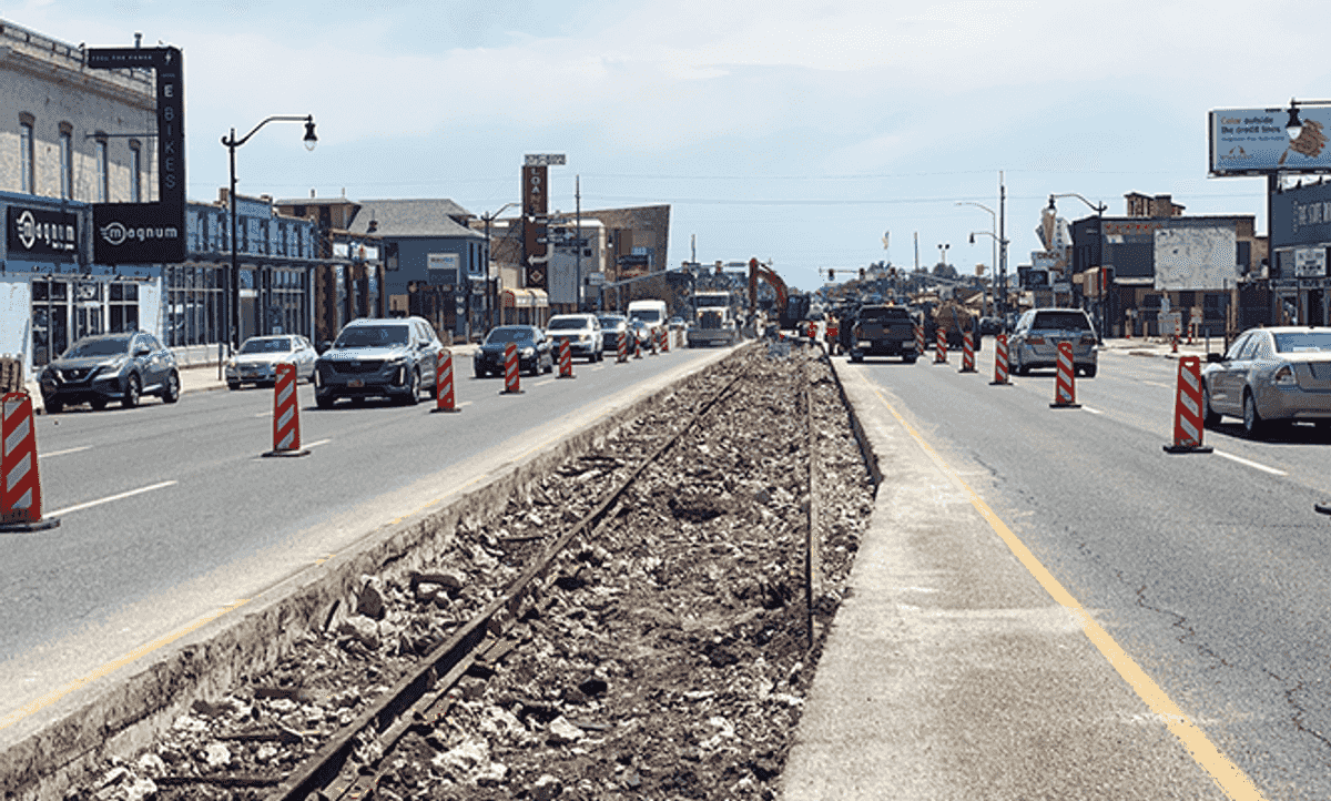 Street Car Rails Unearthed streetcar rail beneath State Street shows the Salt Lake City...